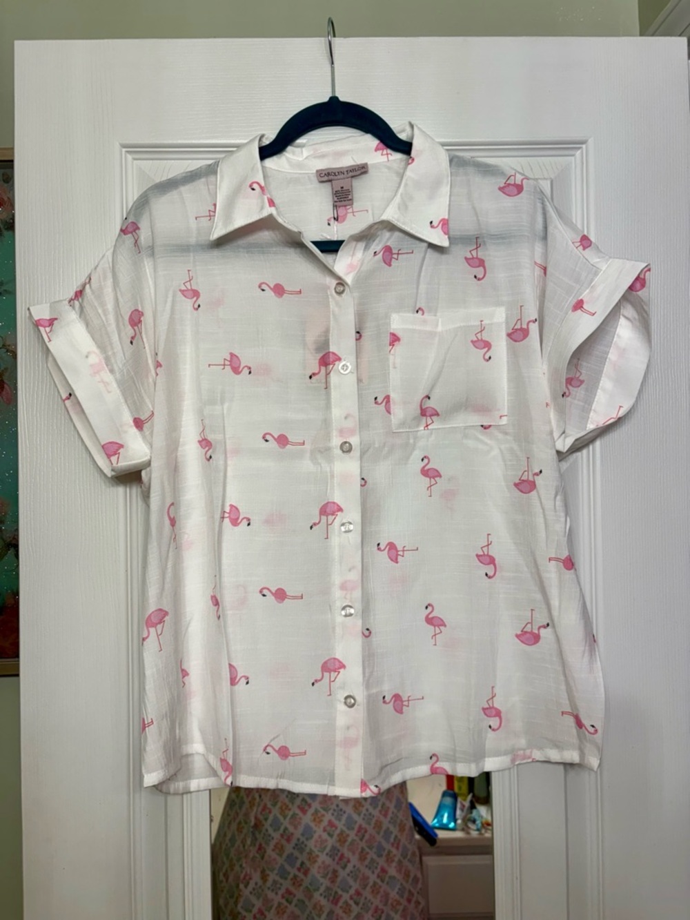 Carolyn Taylor White Shirt with Pink Flamingo Print NWT